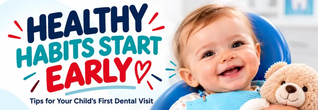 Smiling baby holding a teddy bear at the dentist with healthy habits start early tips for a child's first dental visit