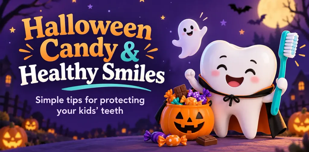 Smiling tooth with a toothbrush beside Halloween candy and a pumpkin bucket.